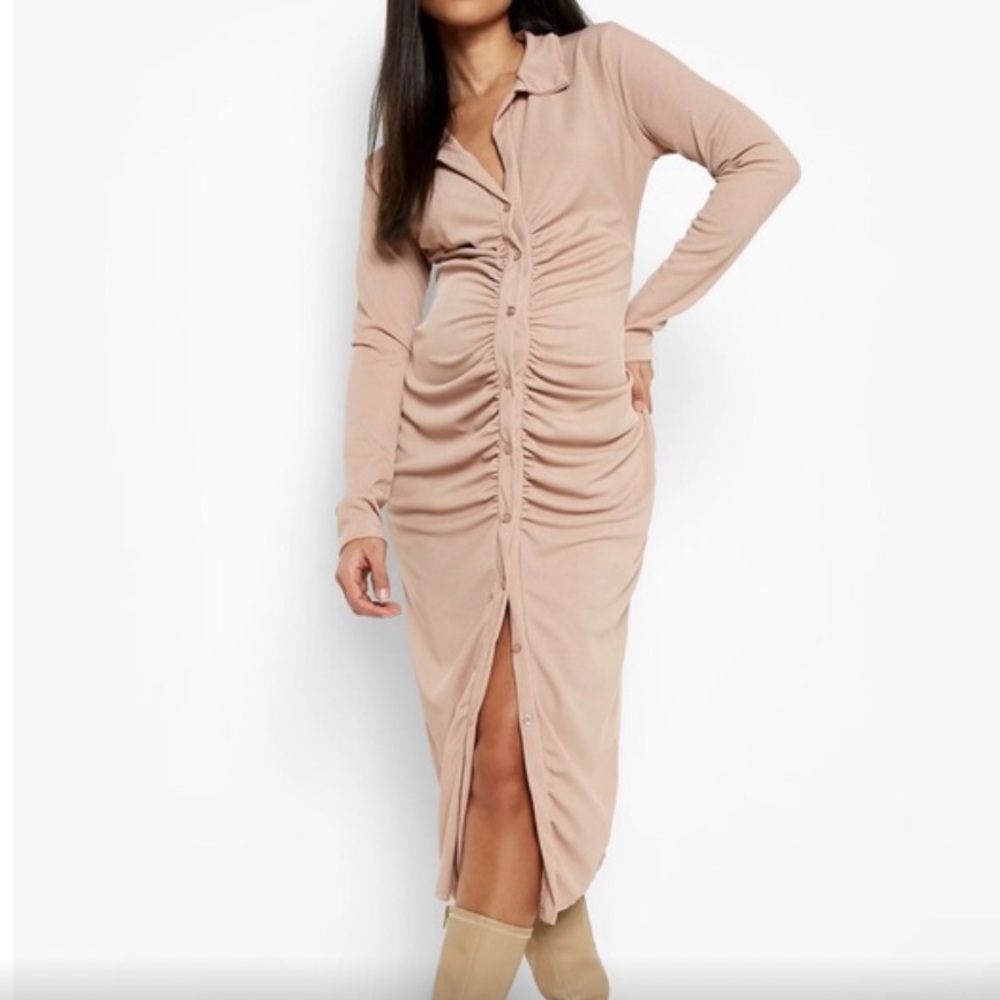 Boohoo Maternity Rib Ruched Shirt Midi Dress